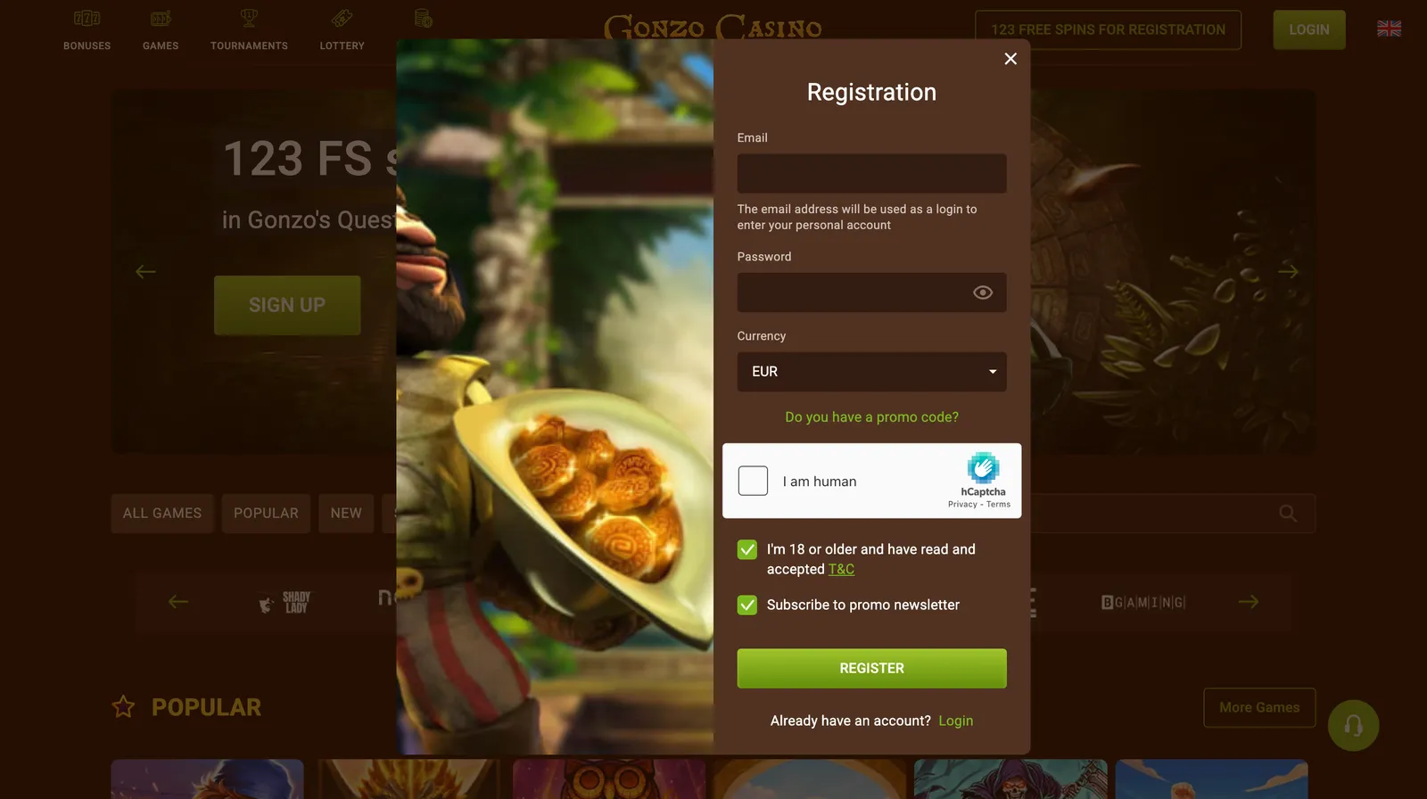 Formularz rejestracji nowego konta gracza w serwisie internetowym Gonzo Casino