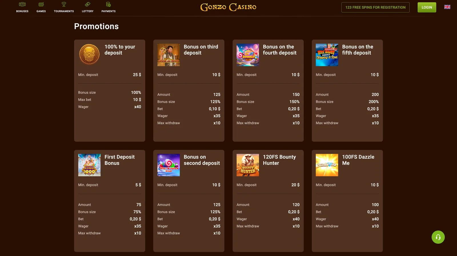 Sekcja promocji w Gonzo Casino z aktualnymi ofertami bonusowymi dla graczy
