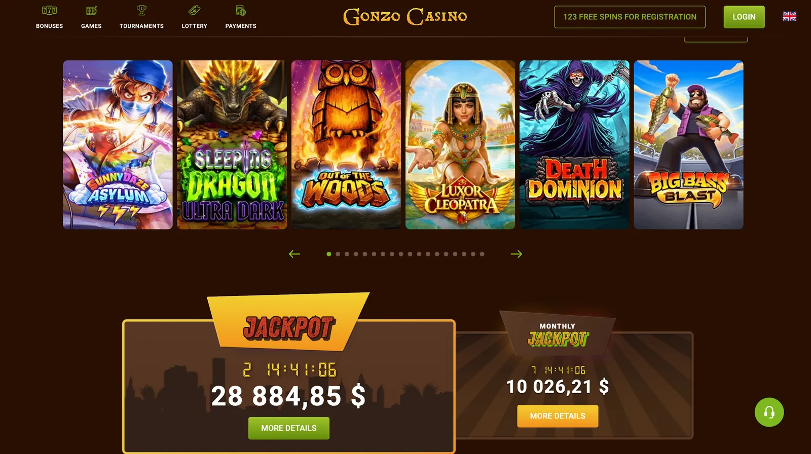 Strona główna serwisu Gonzo Casino prezentująca lobby gier oraz banery jackpotów